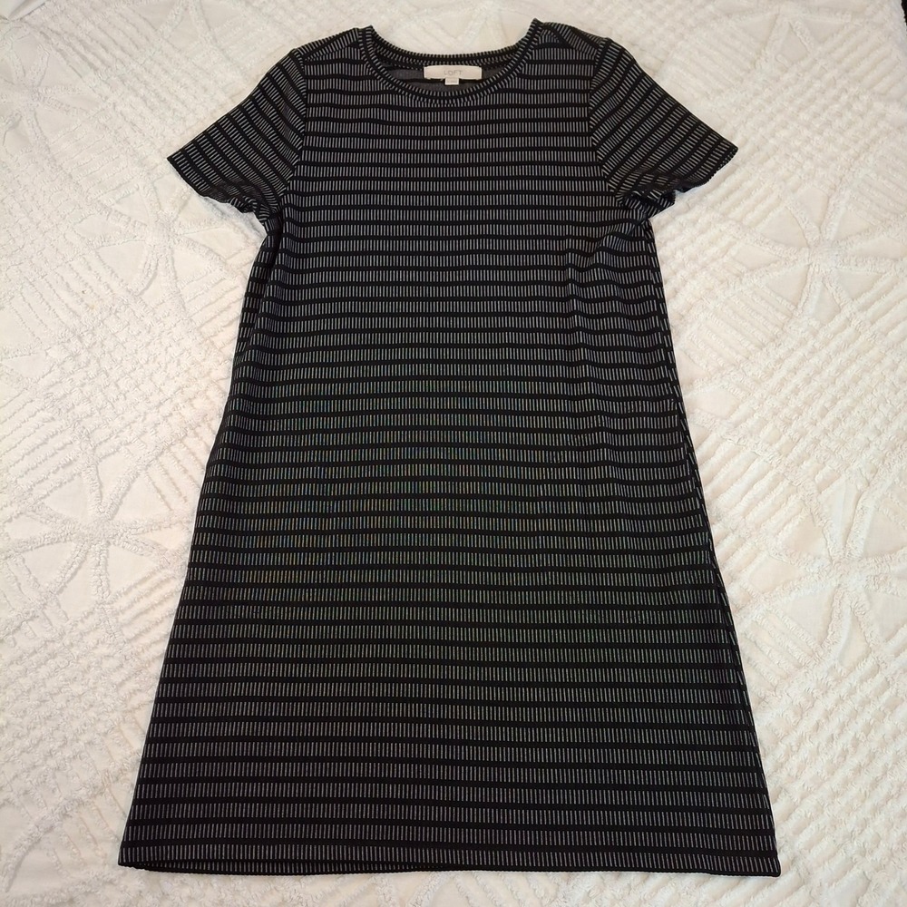 LOFT Womens Medium Black White Striped Pockets Short Sleeve Shift T-Shirt Dress